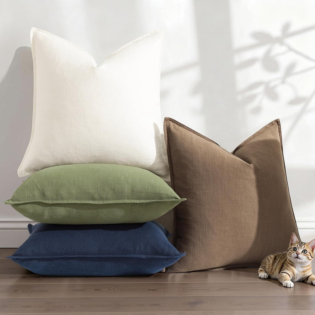 decorUhome Summer Decorative Linen Throw Pillow Covers 16x16 Inch Set of 2 Light Brown Pillow Covers with Flange Edges Soft Farmhouse Boho…