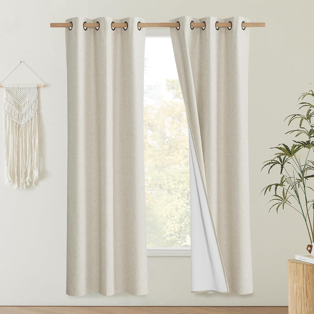 NICETOWN Natural Thick Linen Blend 100% Blackout Curtains 70" Long 2 Panels Set for Bedroom, 34" Wide, Rustic Grommet Thermal Insulated…