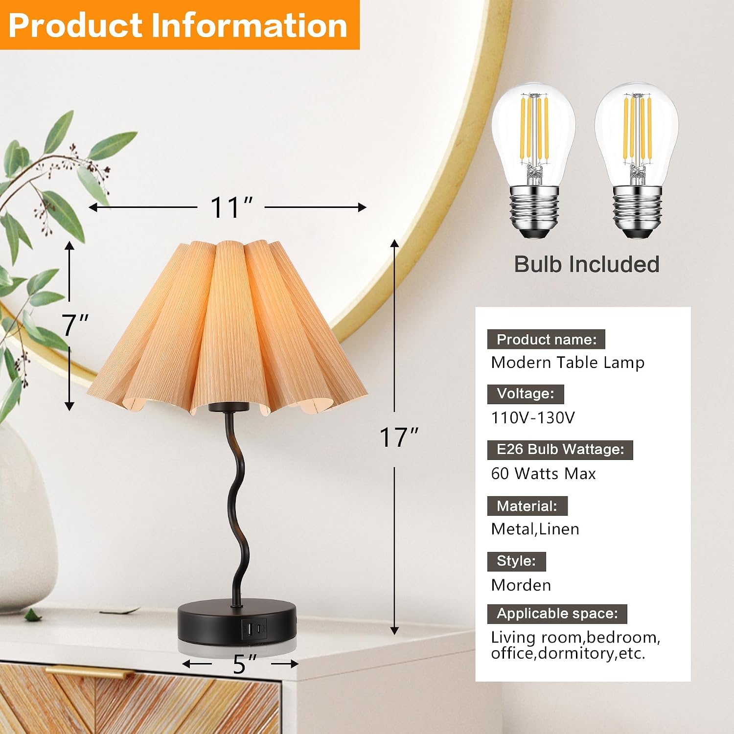 EOEYYOYB Pleated Table Lamp, Table Lamp for Bedroom, Bedside Lamps for Nightstand with Linen Lampshade, Modern Lamp for Bedroom Home…