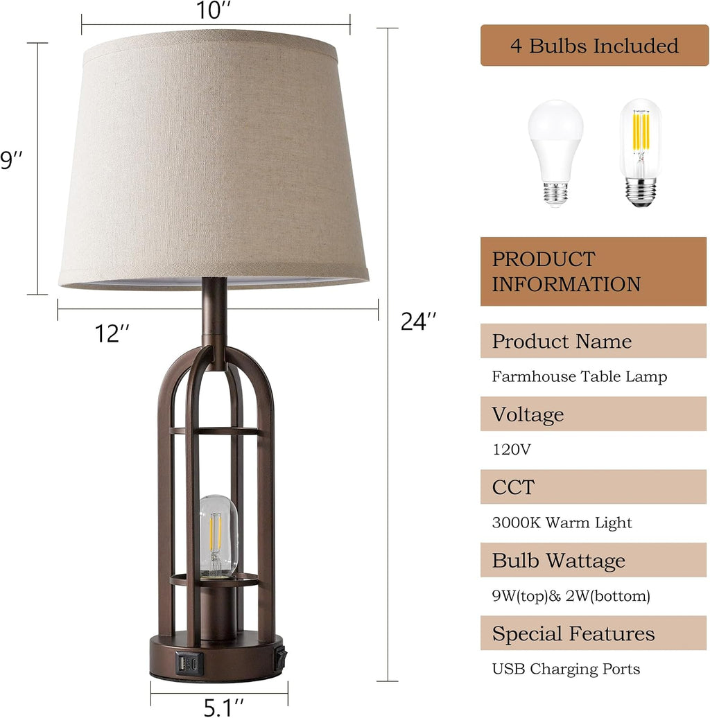 SRJJA Table Lamps for Living Room End Table Set of 2 - Farmhouse Industrial Bedside Lamps for Bedroom Nightstand with Nightlight and USB…