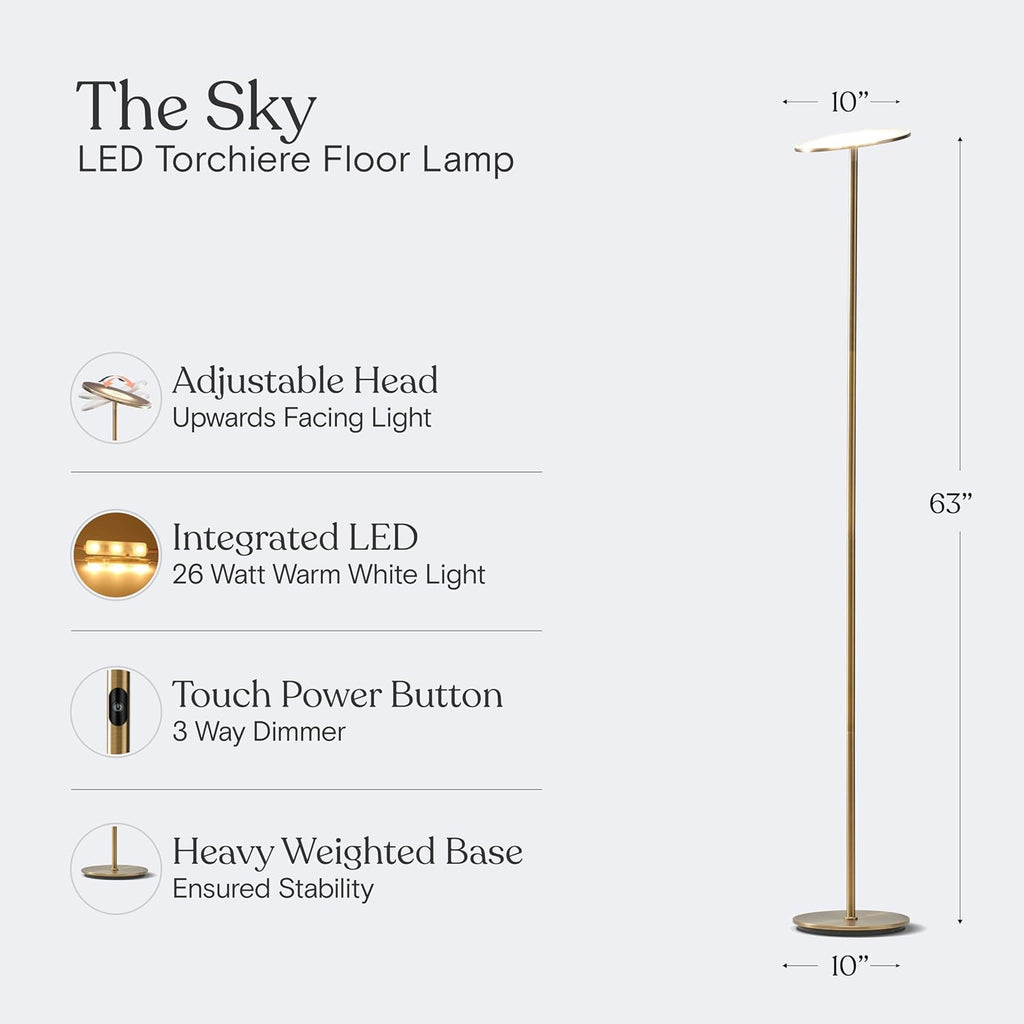Brightech Sky LED Floor lamp, Torchiere Super Bright Floor Lamp for Living Room Decor & Office - Dimmable, Tall Standing Torch Lamp with Wa…