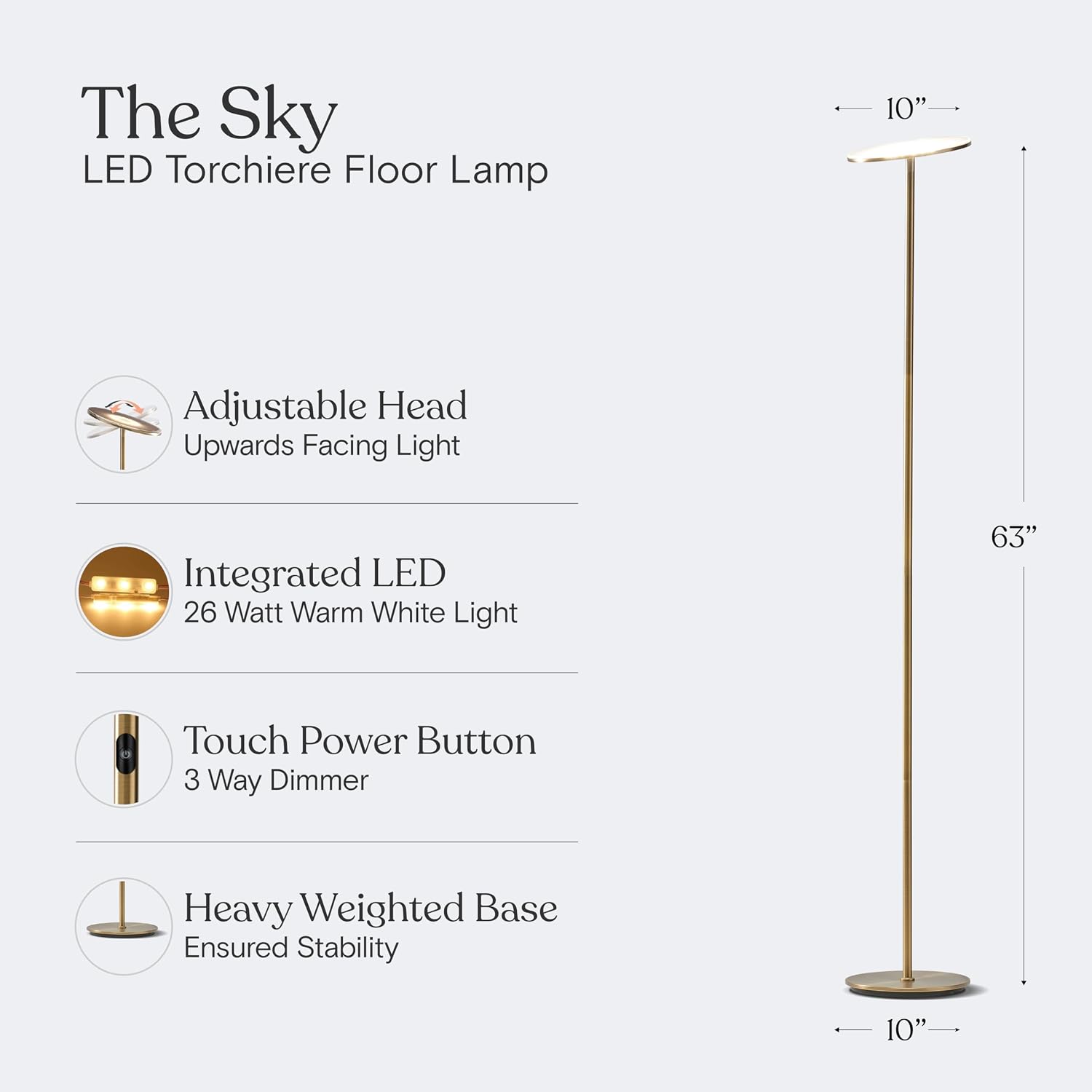Brightech Sky LED Floor lamp, Torchiere Super Bright Floor Lamp for Living Room Decor & Office - Dimmable, Tall Standing Torch Lamp with Wa…