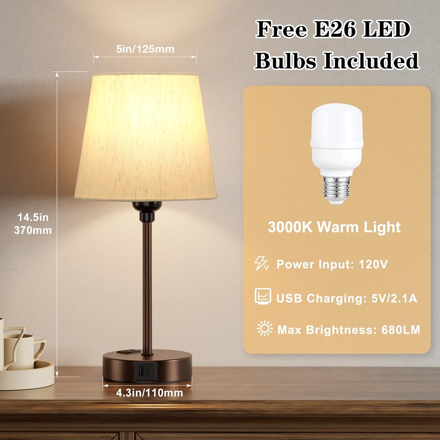 Brown Bedside Lamps for bedrooms Set of 2 - Nightstand Bedroom Lamp with USB C Port and AC Outlet Charging, 3 Way Dimmable Touch Control…