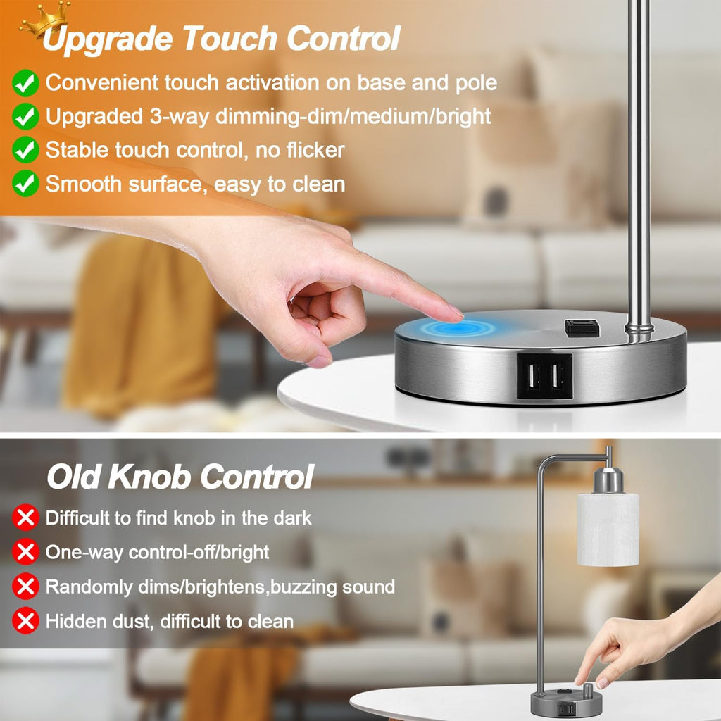 Set of 2 Industrial Touch Control Table Lamps with 2 USB Ports and AC Outlet - 3-Way Dimmable Nickel Bedside Lamp Nightstand Desk Lamps…
