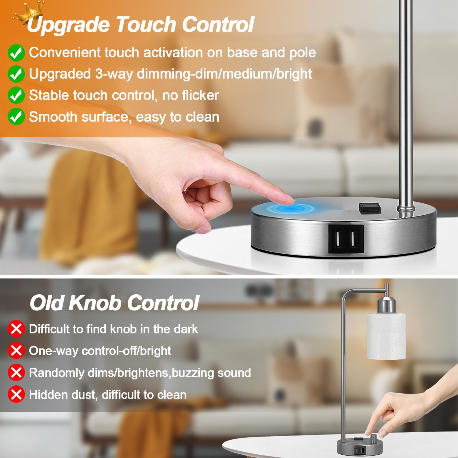 Set of 2 Industrial Touch Control Table Lamps with 2 USB Ports and AC Outlet - 3-Way Dimmable Nickel Bedside Lamp Nightstand Desk Lamps…