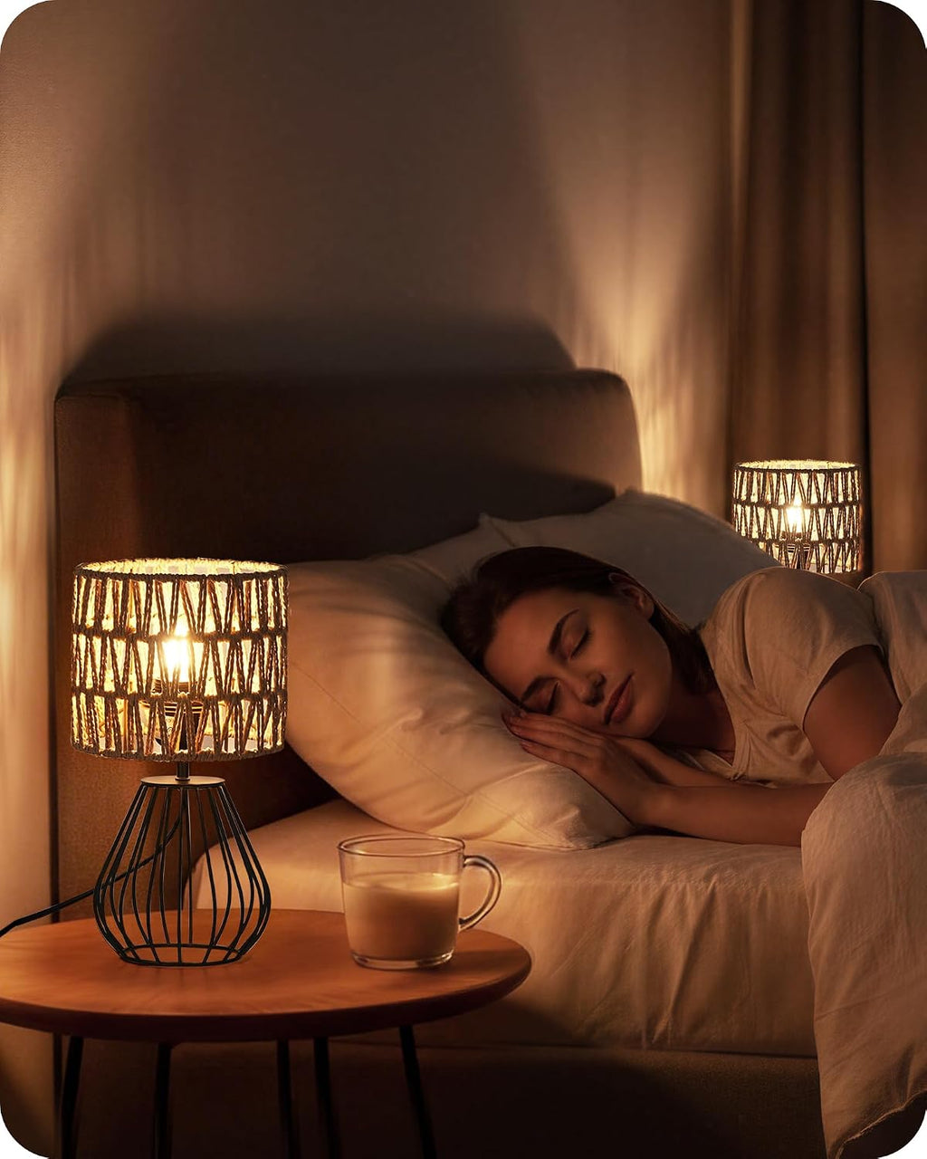 Rattan Table Lamp, Boho Table Lamp, Small Bedside Lamp, Handwoven Paper Lampshade, 2700K LED Bulb Included, Boho Desk Lamp, Modern…