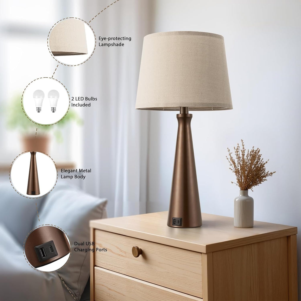 Seealle Modern Table Lamps Set of 2 - Touch Bedside Lamp for Nightstand with Dual USB C+A,3-Way Dimmable Brown Nightstand Lamps for…