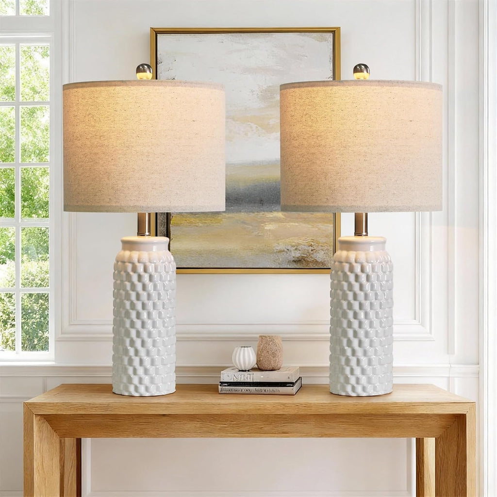 USumkky 24" Modern Ceramic White Bedside Lamp Set of 2 Table Lamp for Bedroom Decor Farmhouse Table Lamp for Living Room Office Dorm