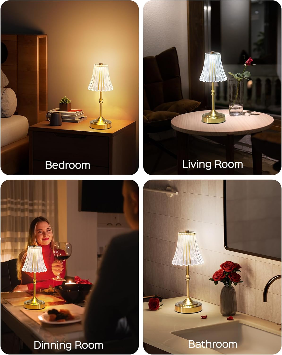JACKYLED Vintage Cordless Table Lamp, Acrylic Crystal Flower Lamp Shade, 3 Colors Dimmable LED Golden Lamp, 5400mAh Battery Operated…