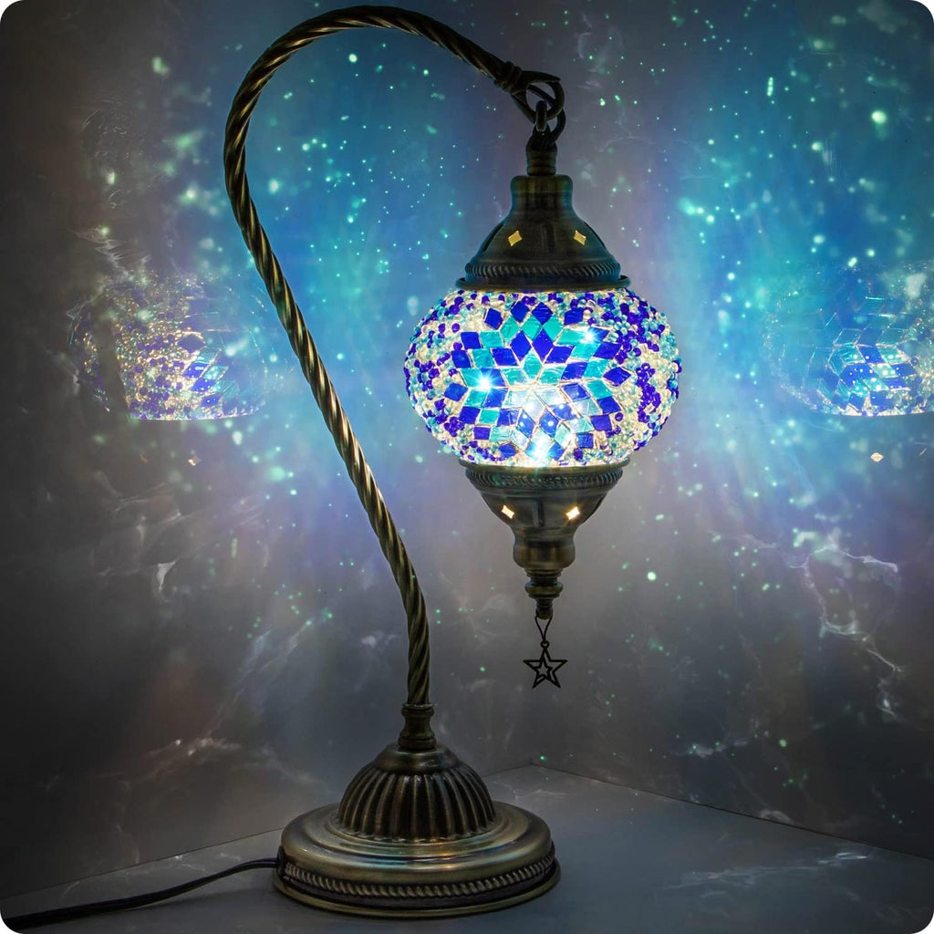 Yarra-Decor Turkish Moroccan Lamp with Bronze Base 3 Color Options Handmade Swan Neck Tiffany Mosaic Glass Bedside Lamps for Bedroom (LED…