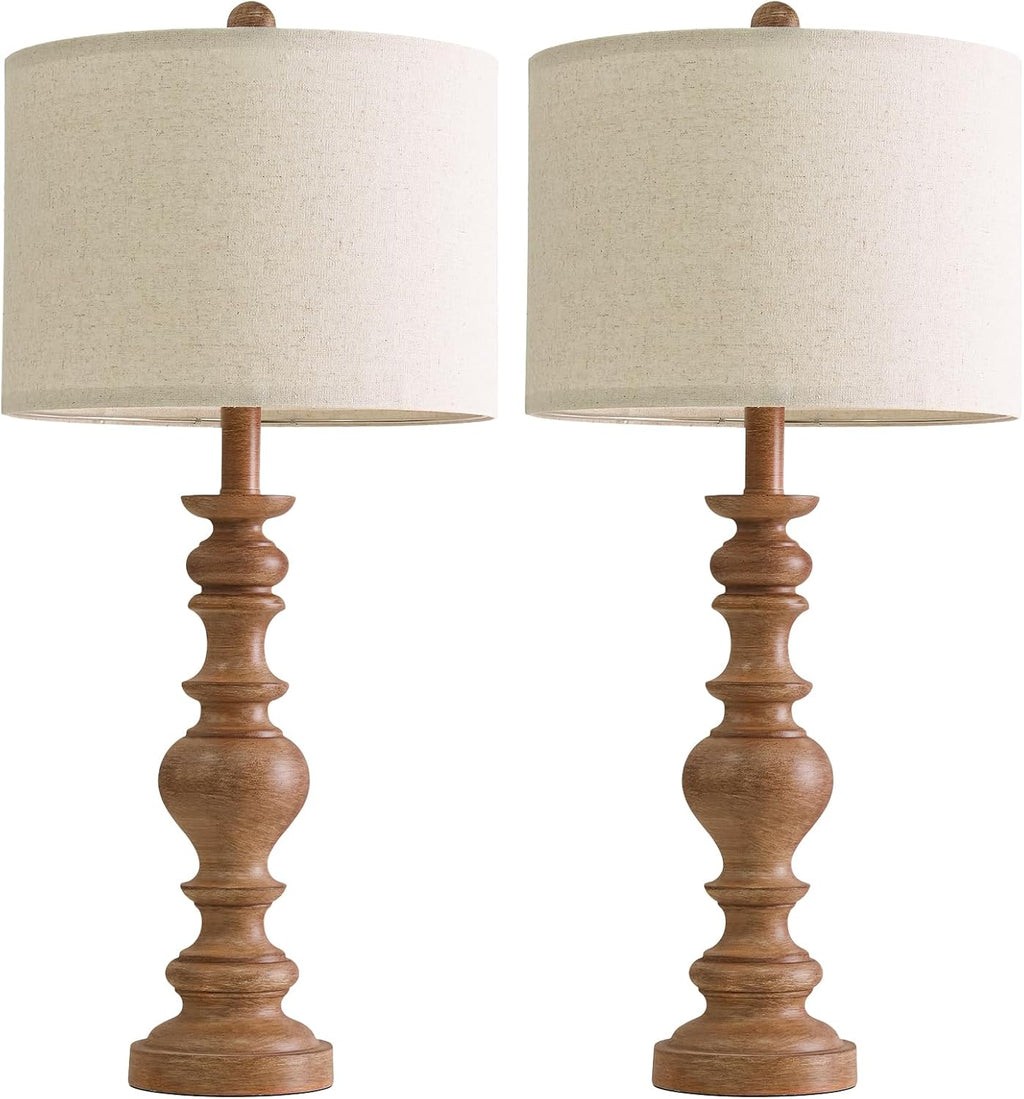 BOBOMOMO 27" Light Brown Table Lamps Set of 2, Large Farmhouse Resin Lamps with Linen Shades, Rustic Vintage Lamps for Living Room…