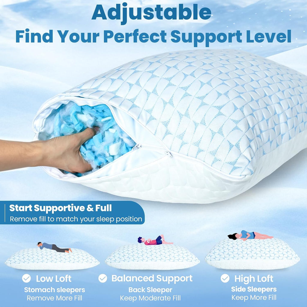 QUTOOL Firm Pillow Shredded Memory Foam, Cooling Pillow for Hot Sleeper, Adjustable Bed Pillow for Side Back Stomach Sleepers, Washable…