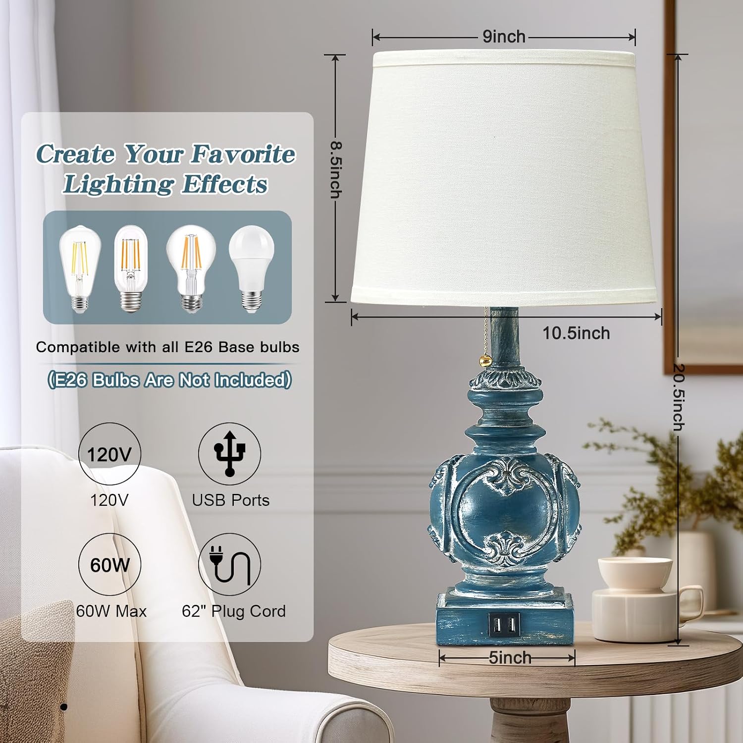 20.75" Farmhouse Table Lamps for Bedroom Set of 2, Rustic Bedside Lamps with 2 USB Port, Retro side table lamp Antique Nightstand Lamp…