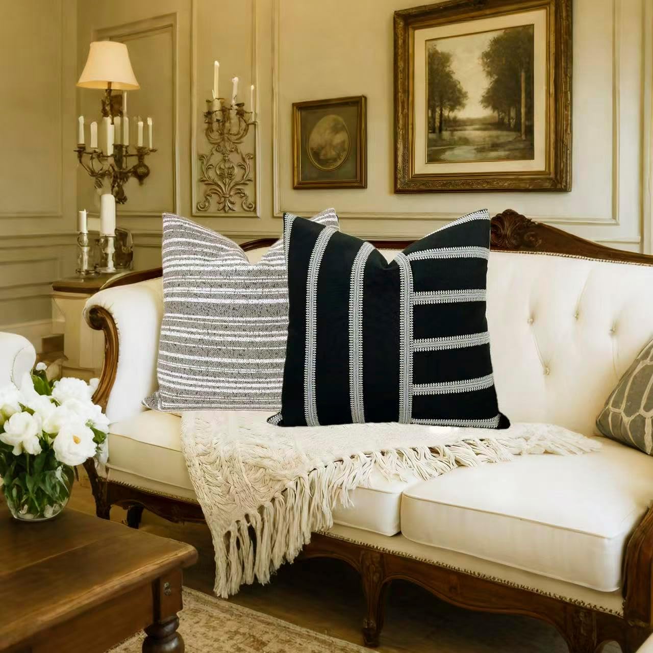 Slow Cow Boho Chenille Textured Woven Stripe Throw Pillow Covers 18x18 Decorative Cushion Cover Striped Square Pillow Cover Pillow Case