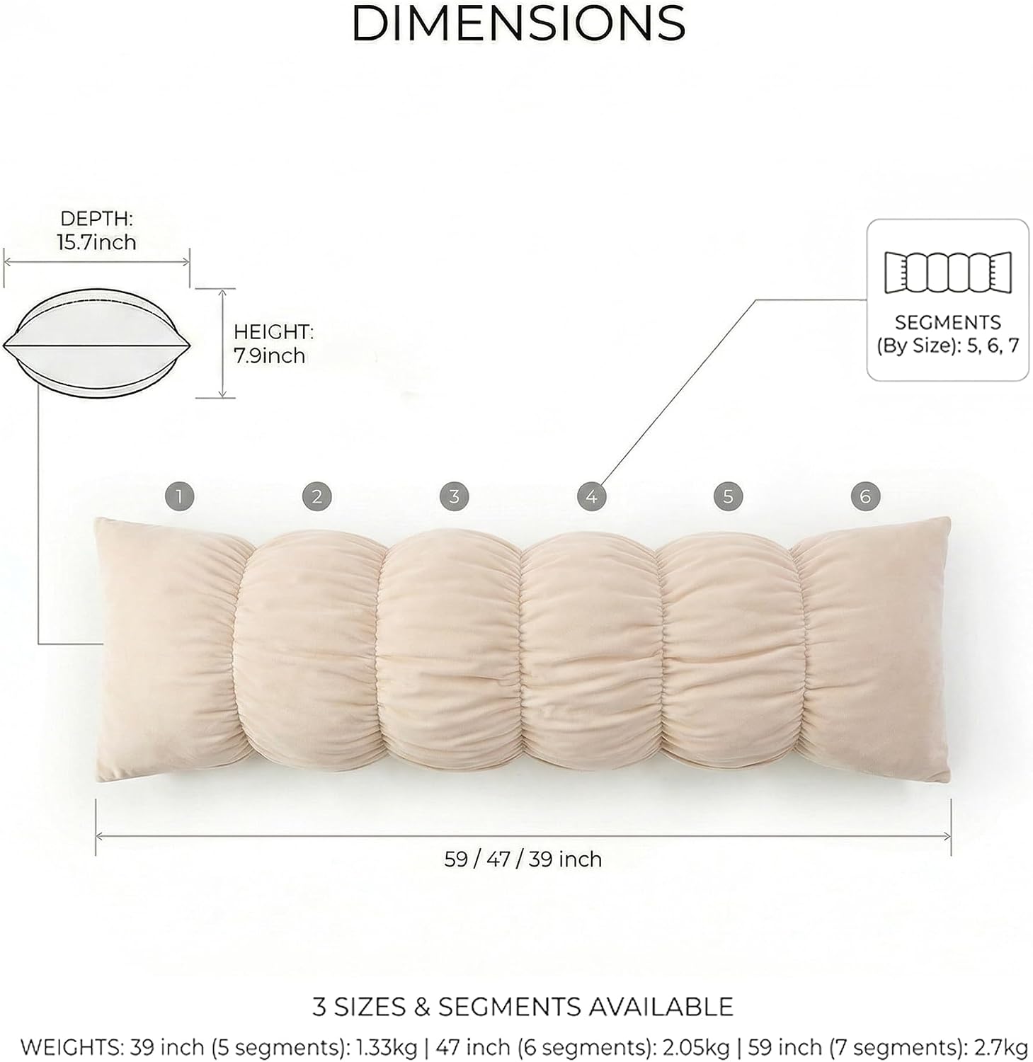 Ailuteie Pat. Pend. Long Body Pillow for Adults, Side Sleeper Bed Pillow with Segmented Design and Soft Velvet Washable Pillowcase (Beige,…