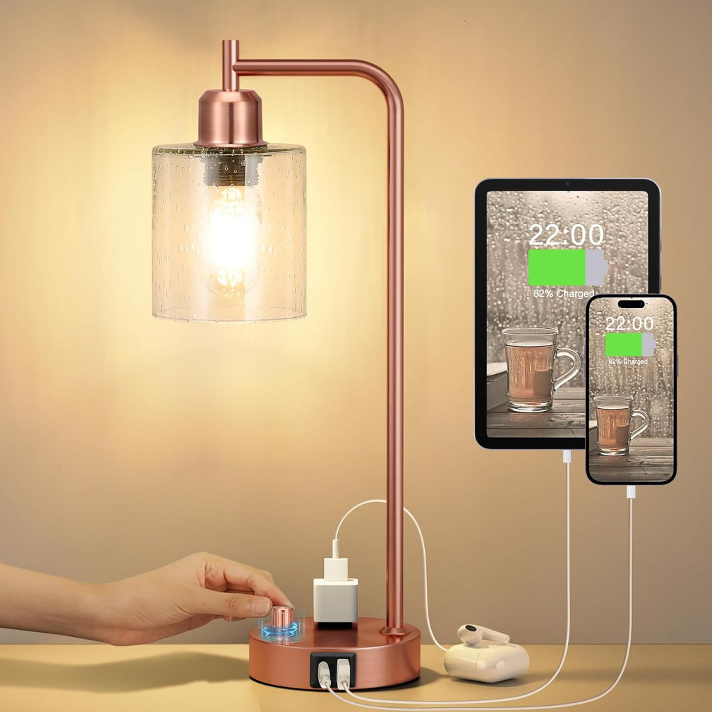 Innqoo Copper Industrial Bedside Table Lamp for Bedroom - Nightstand Lamps with USB C Charging Port, Fully Dimmable Black Ports and…