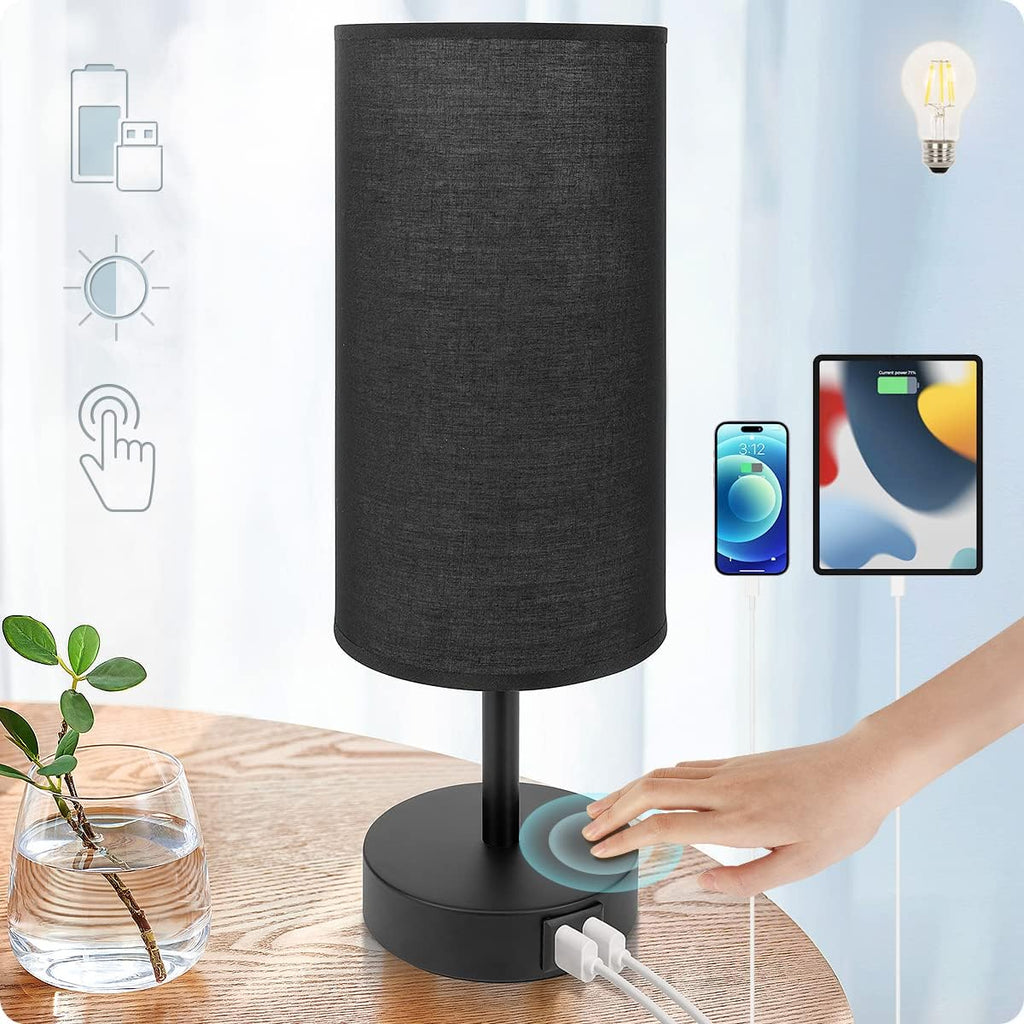 Yarra-Decor Bedside Lamp with USB Port - Touch Control Table Lamp for Bedroom 3 Way Dimmable Nightstand Lamp with Round Black Fabric…