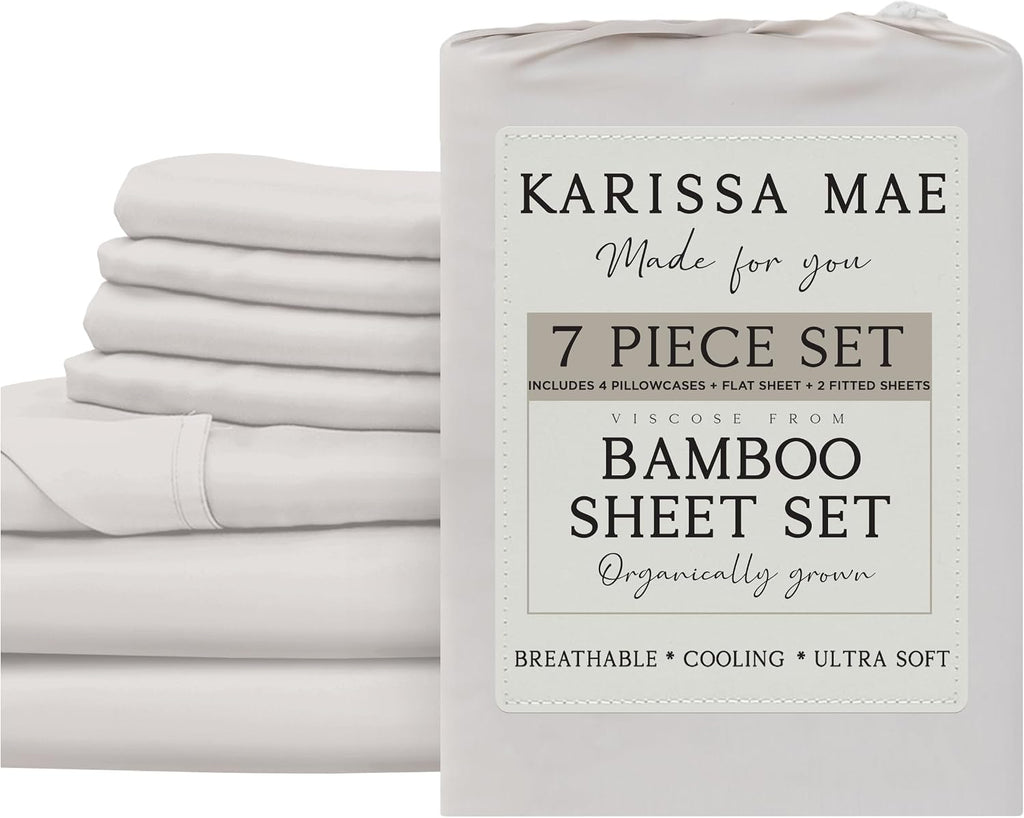 KARISSA MAE 7 Piece Pure Viscose from Bamboo Split King Size Sheet Set | 100% FSC Certified | Luxuriously Soft | Cooling | 18" Deep…