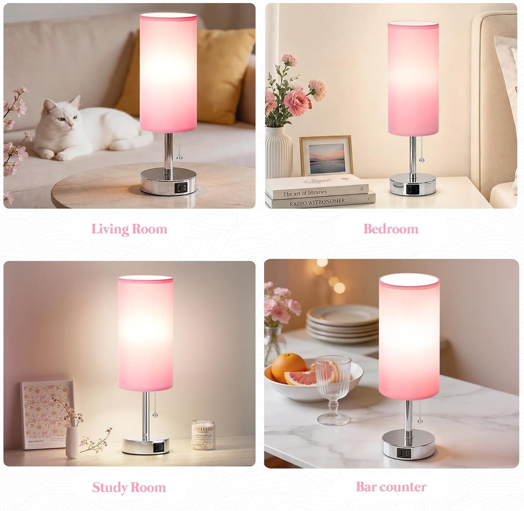 Dicoool Small Bedside Table Lamp for Bedroom, Pink Nightstand Lamp for Girls Kids, 3 Color Temperatures & USB Charging Port, Cute Desk…