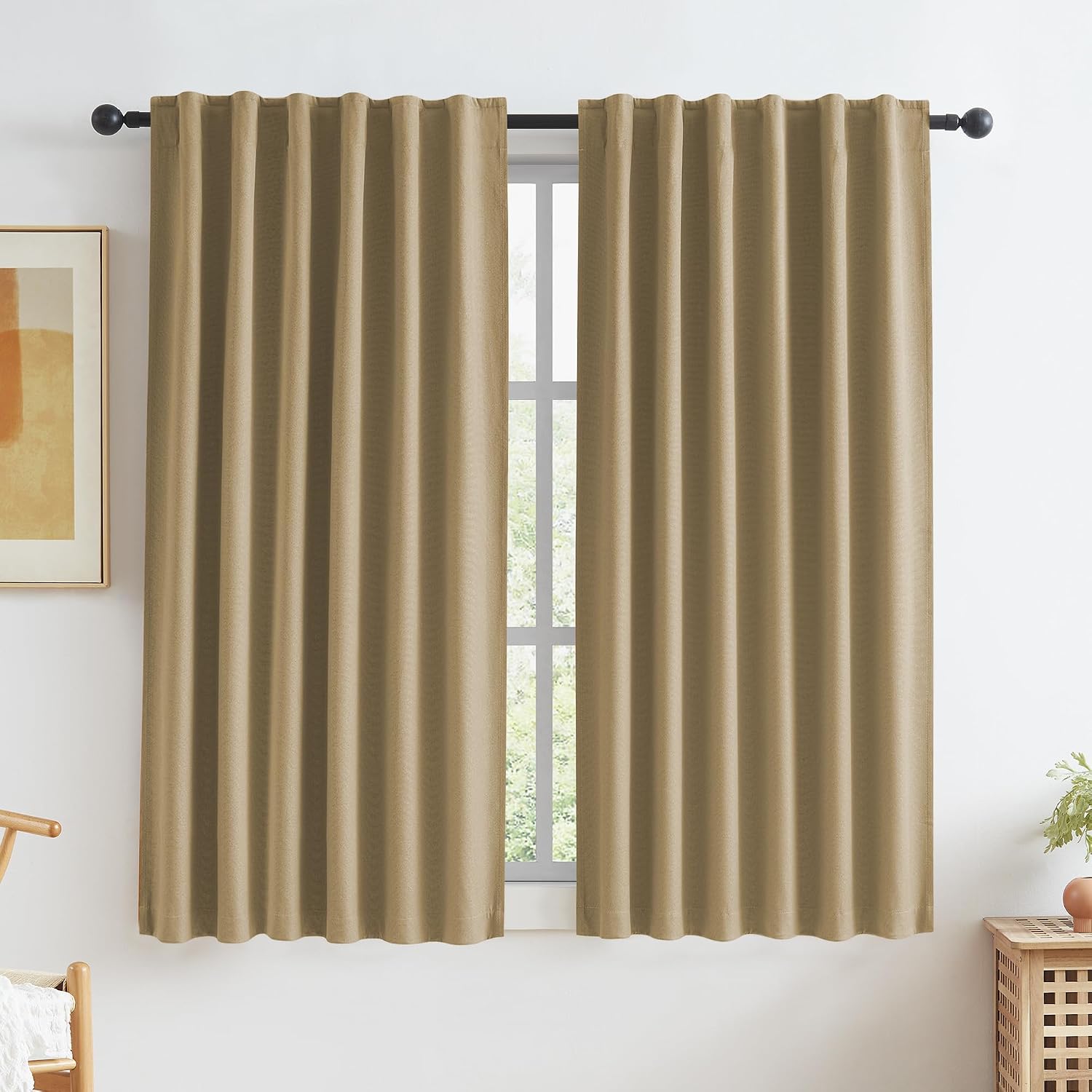 Keqiaosuocai Burlap Linen Blackout Curtains 63 Inches Long, Back Tab Rod Pocket Hook Belt Natural Farmhouse Rustic Curtain Panels for Bedro…
