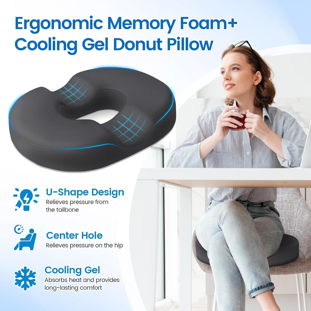 CushZone Donut Pillow Seat Cushion - Cooling Gel Donut Chair Cushions, Memory Foam Seat Cushion for Office & Home, Car Seat Cushion and But…