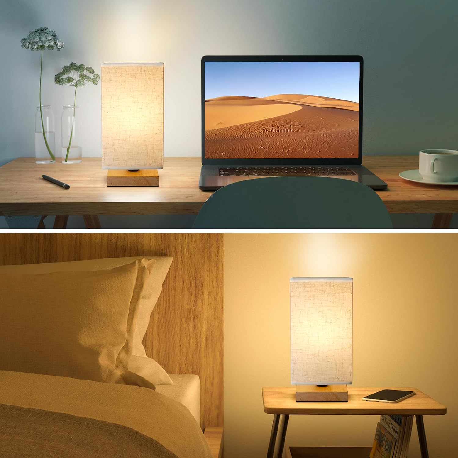 Small Square Bedside Table Lamp for Bedroom, Minimalist Wood Base & Round Fabric Shade, Mini Cute Cozy Warm Nightstand Boho Lamp, Study…