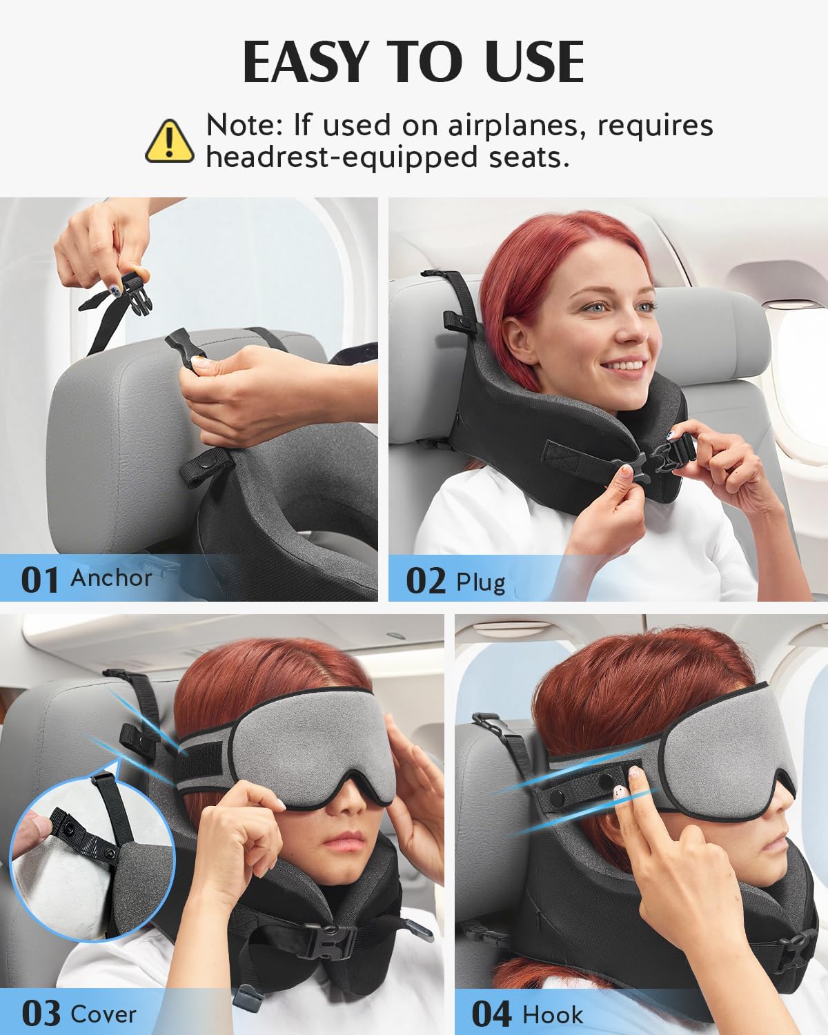 YFONG Travel Pillow for Long Flight Airplane, Head Strap Combo with 3D Contoured Sleep Eye Mask, Neck Pillow for Travel Essential, 360°…