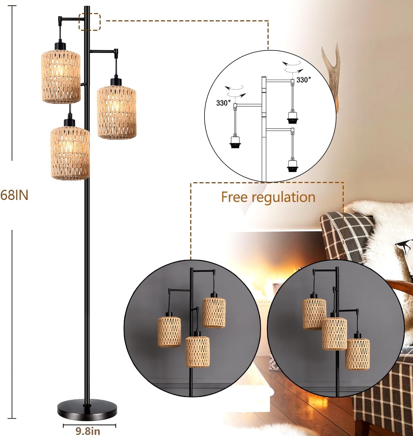 QIYIZM Floor Lamp for Living Room, Bedroom,3-Lights Boho Rattan Tree Floor Lights, Industrial Black Farmhouse Standing Lamp Wicker Rustic…