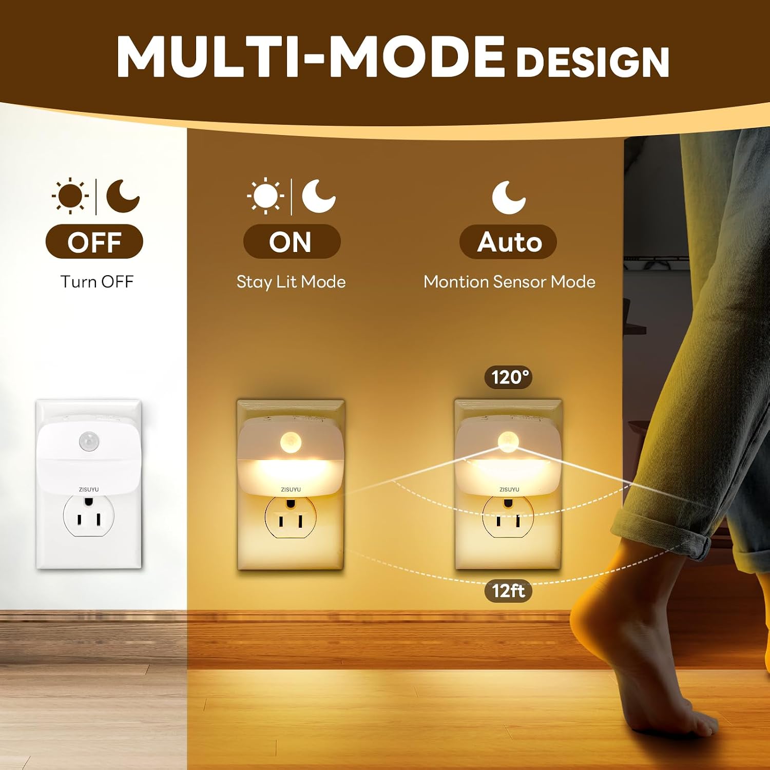 ZISUYU Plug-in LED Night Light with Motion Sensor, 10-60lm Dimmable Nightlight with Multi-Mode & Color-Changing, Ideal for Bedroom…