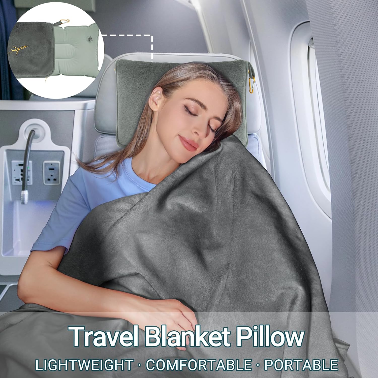 Travel Blanket and Pillow Set for Airplane, 300 GSM Soft Fleece Compact Travel Blanket with Inflatable Pillow and Carry Bag, 60x43…