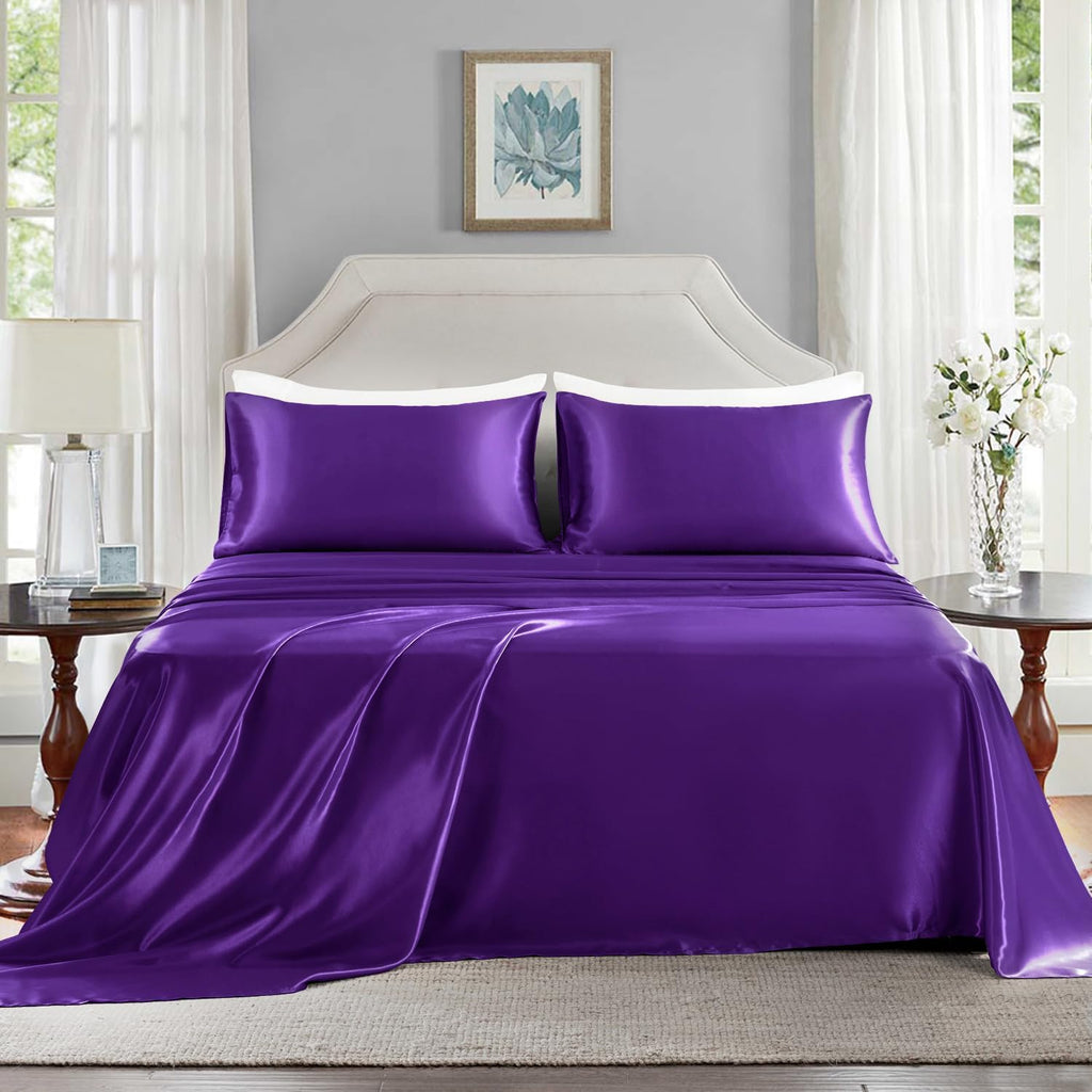 Golal Satin Sheets California King Size - 4 Pieces Luxury Silky Soft Bed Sheets, Wrinkle-Free Dark Purple Satin Silk Sheet Set with 1 Deep…