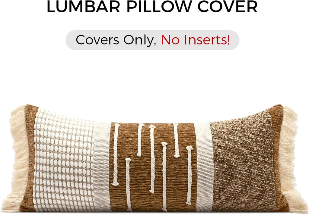Aibuhome Decorative Lumbar Pillow Cover 12x28, Handwoven Boho Long Body Pillow for Bed Farmhouse Lumbar Throw Pillow, Cotton Linen Tassel C…
