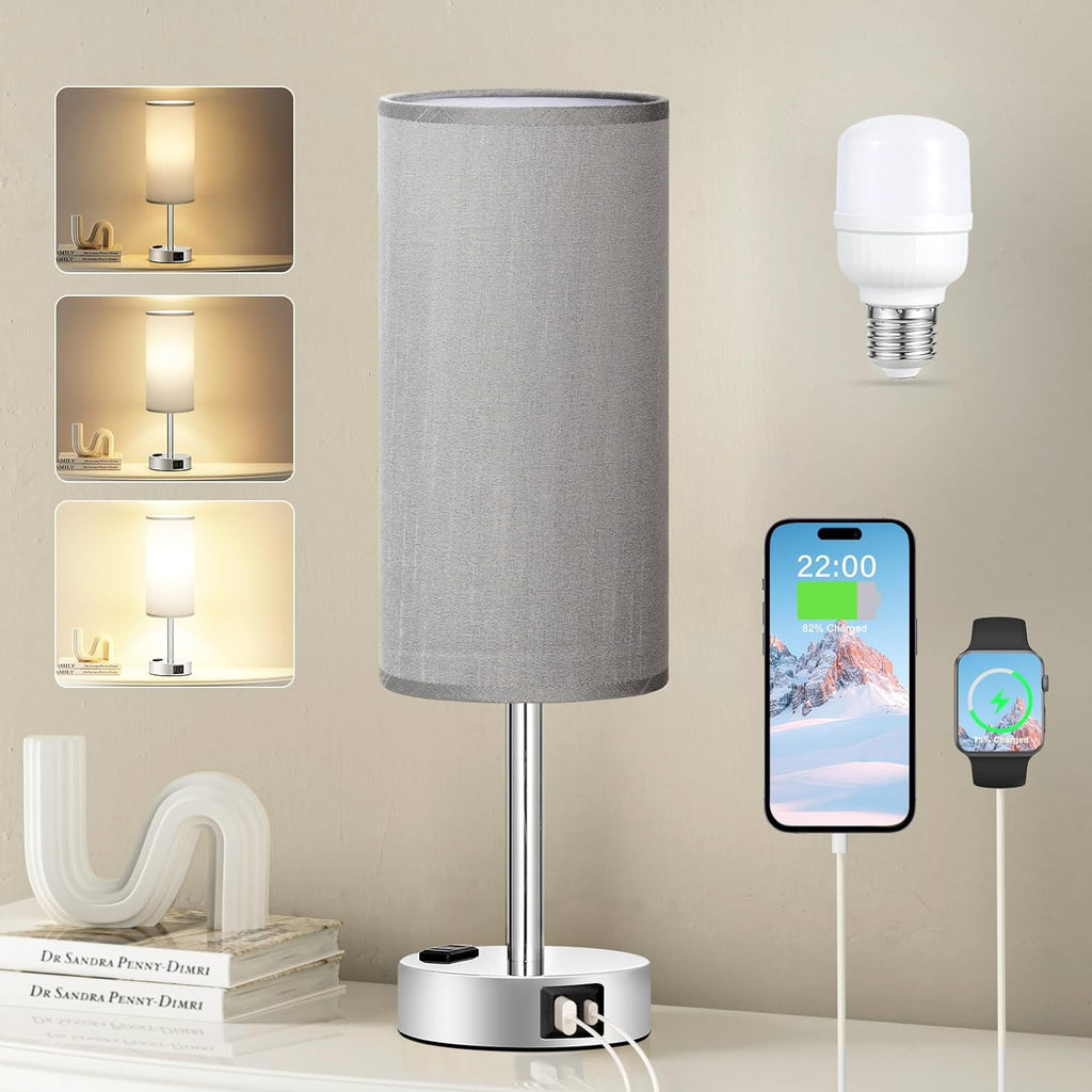 Fenmzee Grey Nightstand Table Lamp for Bedroom - 3 Way Dimmable Bedside Lamp USB C A Charging Ports and AC Outlet, Small Table Lamp…