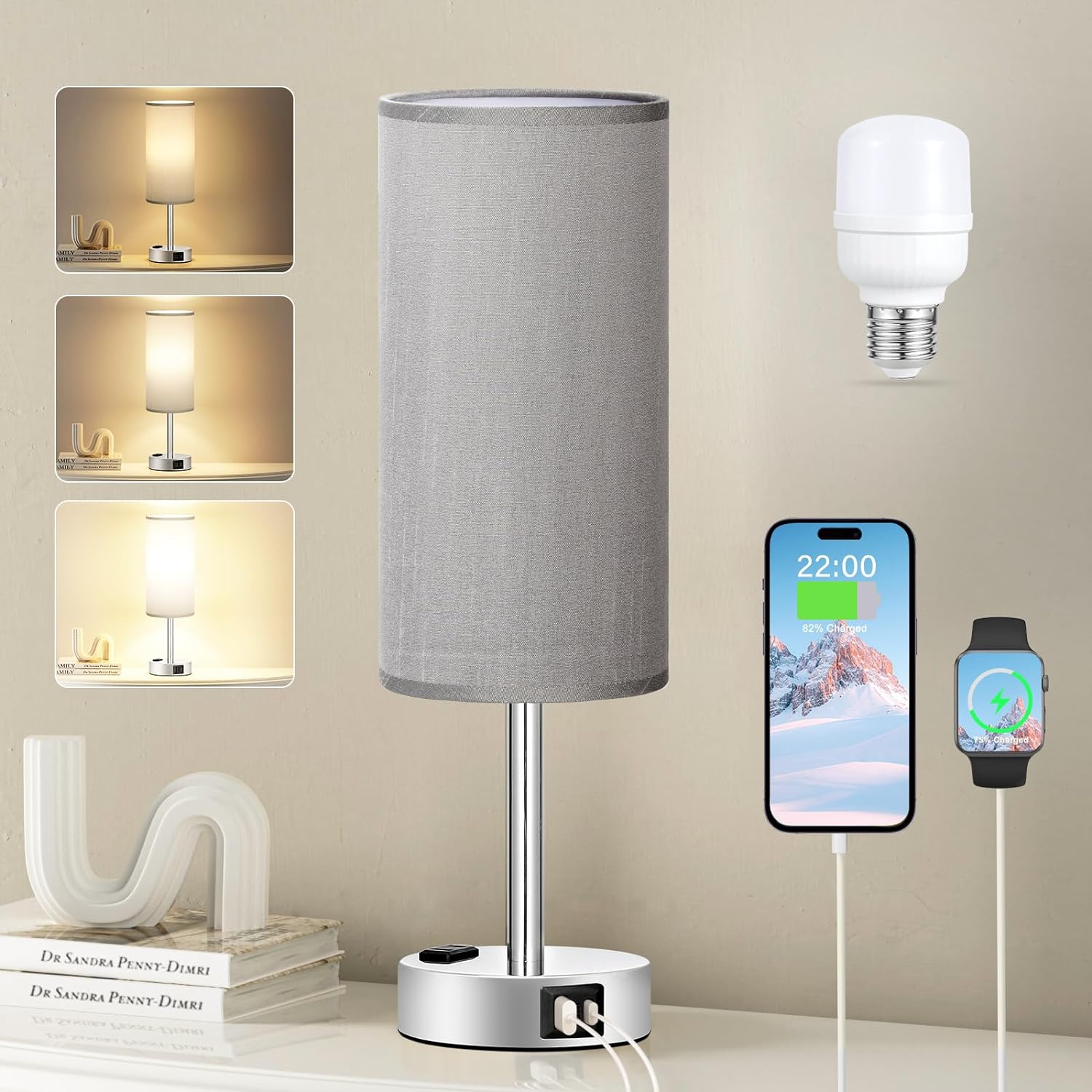 Fenmzee Grey Nightstand Table Lamp for Bedroom - 3 Way Dimmable Bedside Lamp USB C A Charging Ports and AC Outlet, Small Table Lamp…