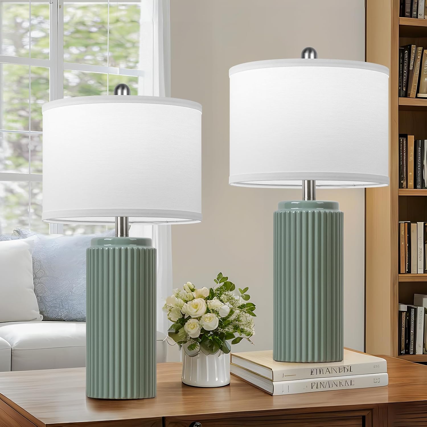 Tobusa 23.5’’ Modern Green Ceramic Table Lamps Set of 2 for Living Room, Farmhouse Ceramic Bedside Nightstand Lamps for Bedroom, Vintage De…