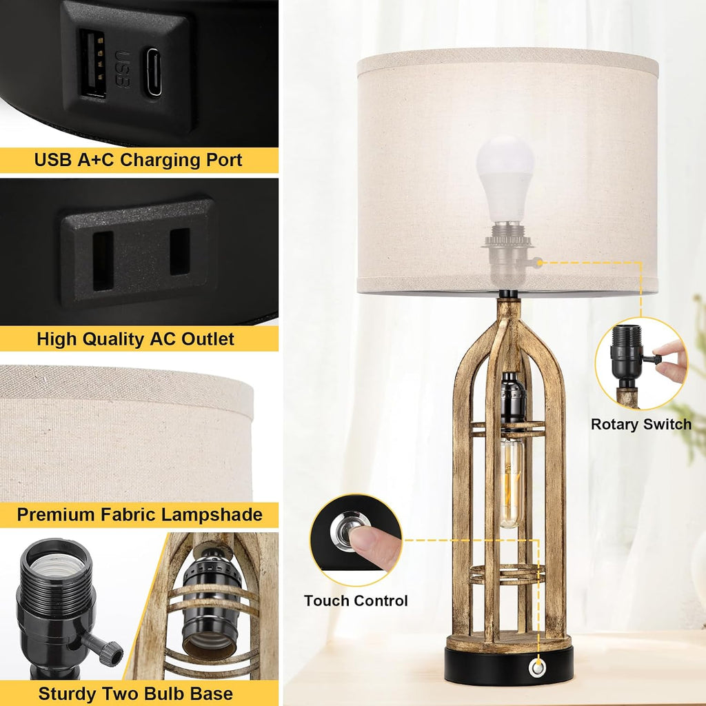 Seealle Table Lamp for Living Room Set of 2 - Wood-Like Bedside Lamp for Bedroom with USB C+A & Outlet, Farmhouse Lamps for Night Stands…