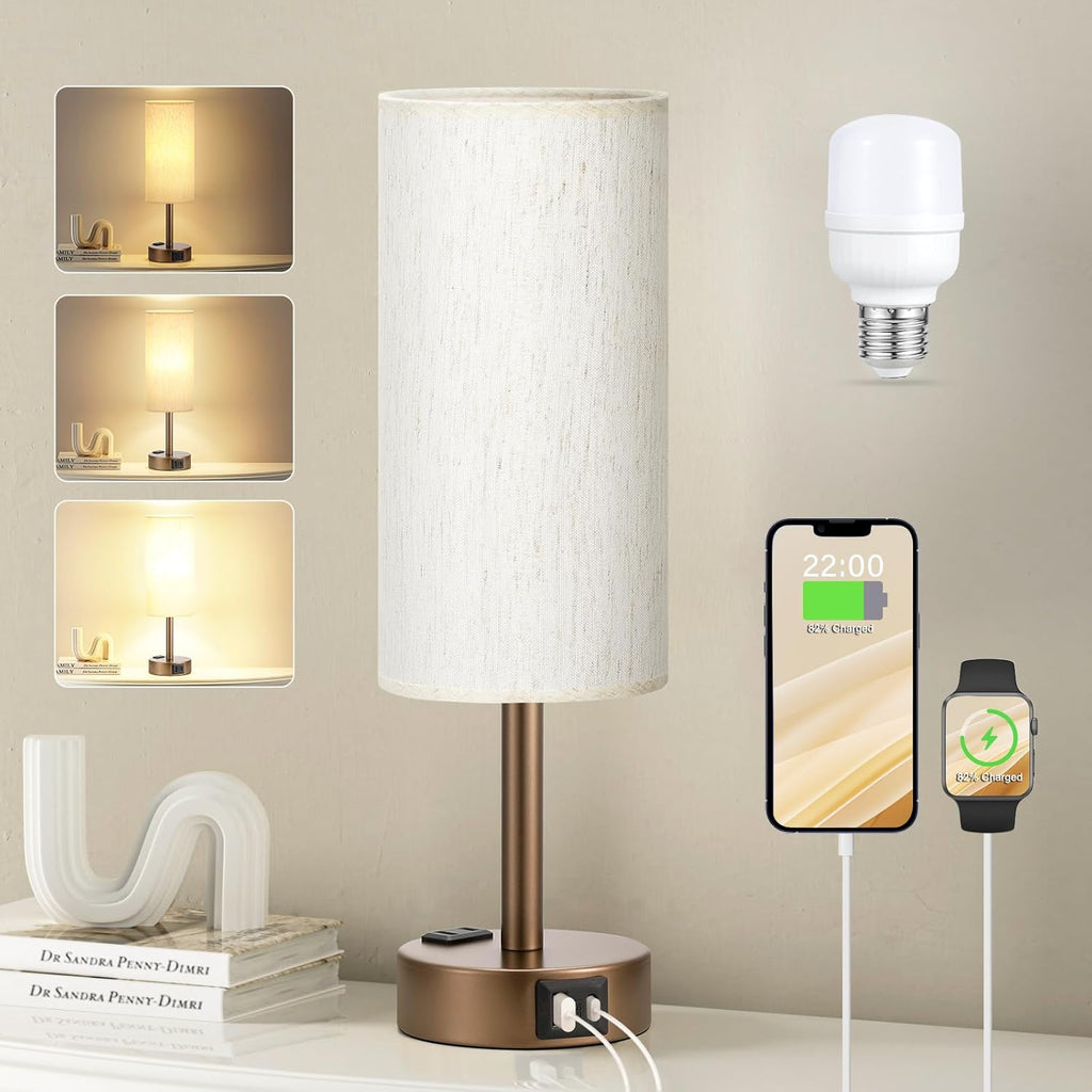 Fenmzee Brown Bedside Table Lamp for Bedroom - 3 Way Dimmable Touch Lamp USB C Charging Ports and AC Outlet, Small Lamp Round Flaxen…