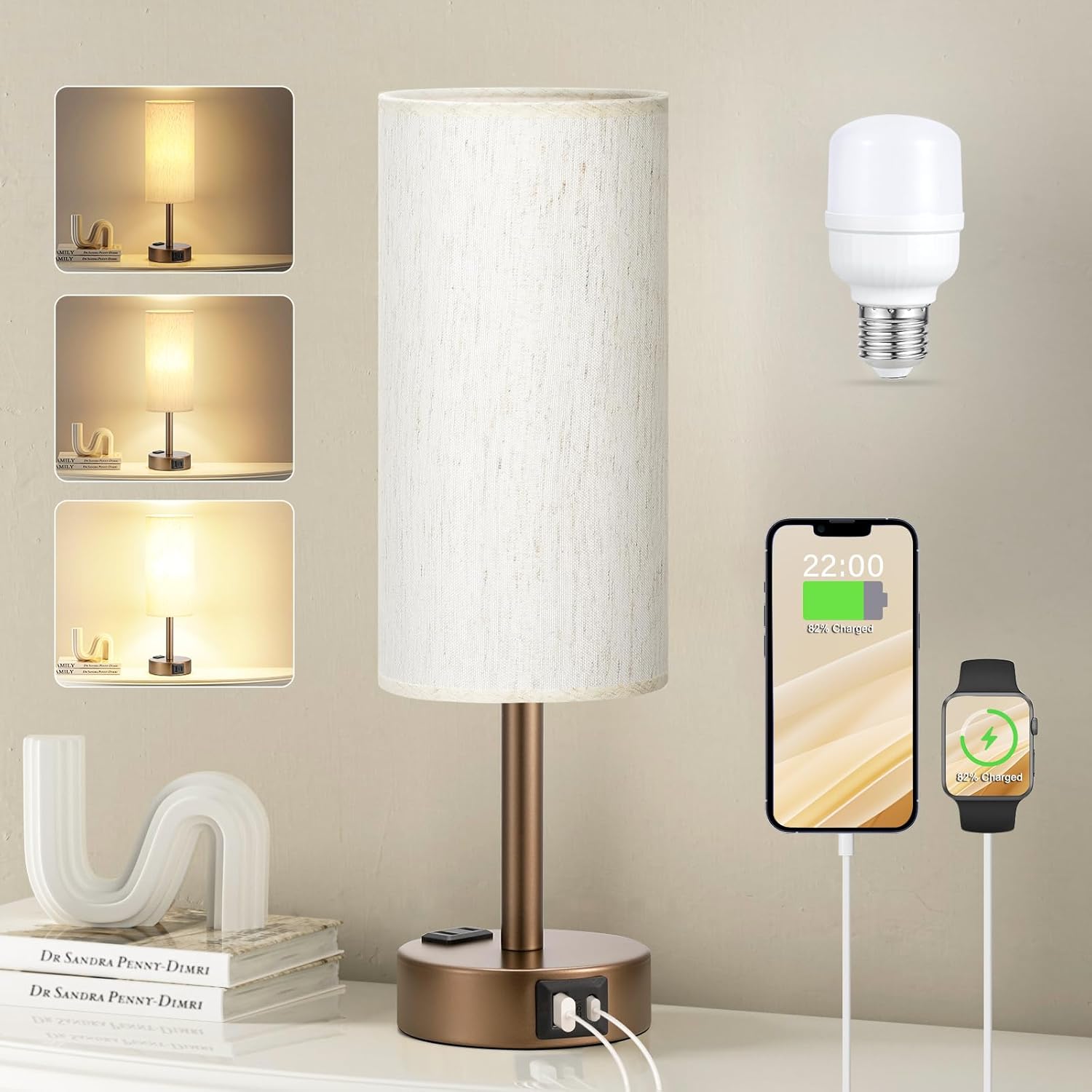 Fenmzee Brown Bedside Table Lamp for Bedroom - 3 Way Dimmable Touch Lamp USB C Charging Ports and AC Outlet, Small Lamp Round Flaxen…