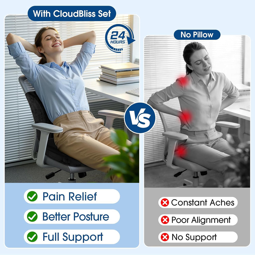 CloudBliss Lumbar Support Pillow & Seat Cushion Set for Office Chair, Desk Chair, Wheelchair & Car – Memory Foam Back Support, Ergonomic Ch…