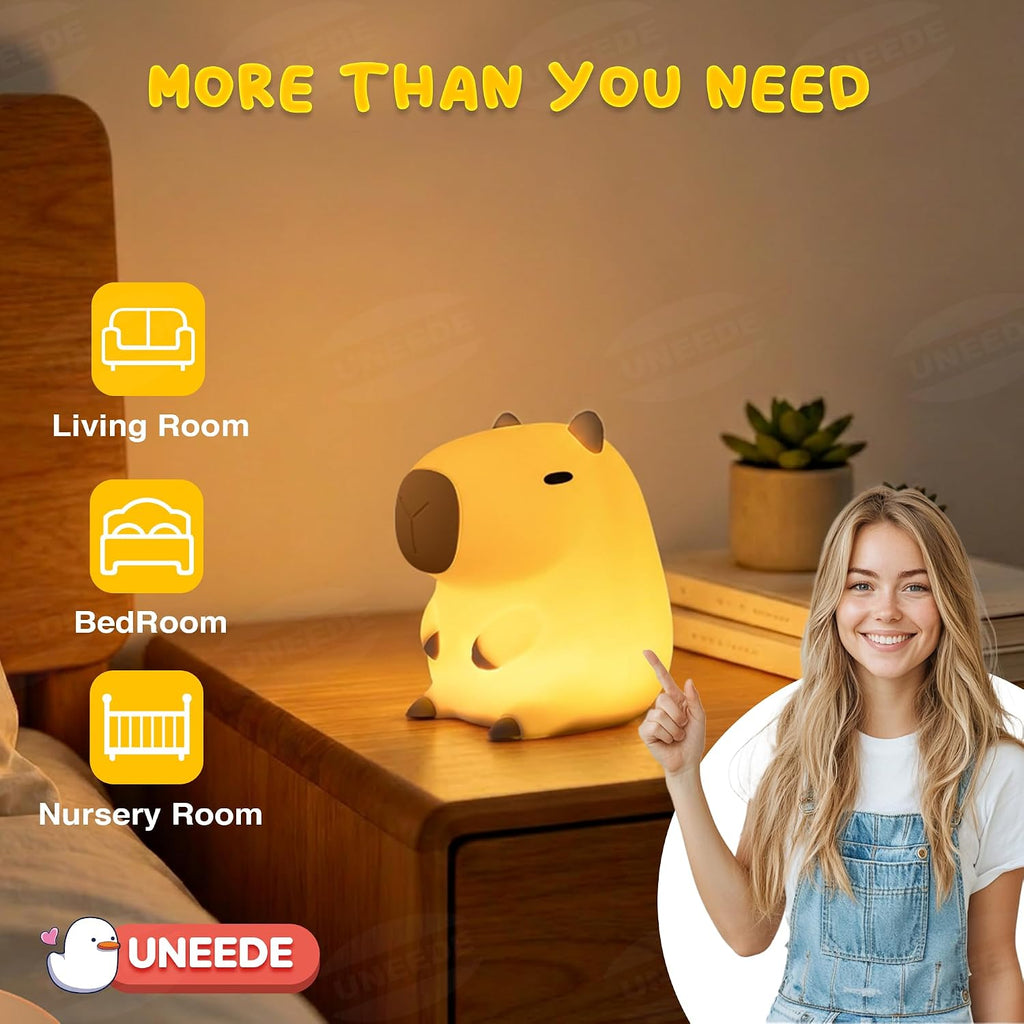 UNEEDE Cute Capybara Night Light, Novelty Animal Silicone Nursery Night Light Rechargeable Table Bedside Lamp with Touch Sensor for…