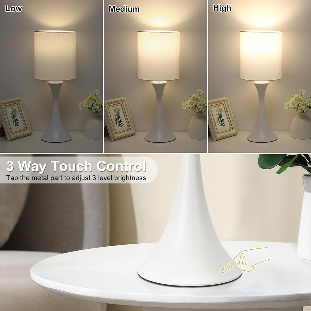 Modern Table Lamps, 3 Way Touch Control Table Lamp, Dimmable Desk Lamp, White Nightstand Lamp with Fabric Shade, Small Bedside Lamp for…