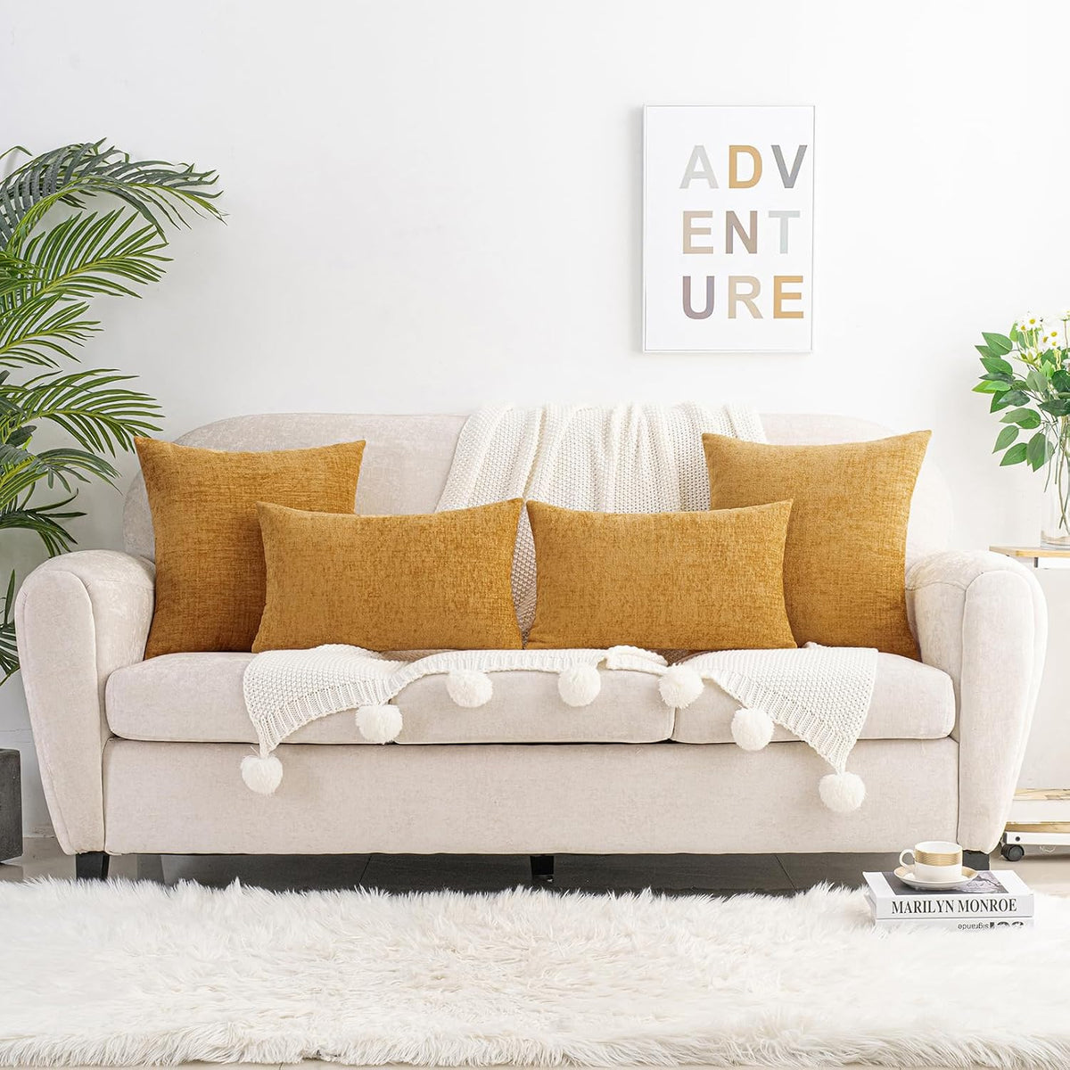 Hwy50 HWY 50 Gold Couch Pillow Covers 22x22 Inch Pack of 2, Soft Chenille Decorative Throw Pillow Cases Farmhouse for Sofa Living Room Bed…