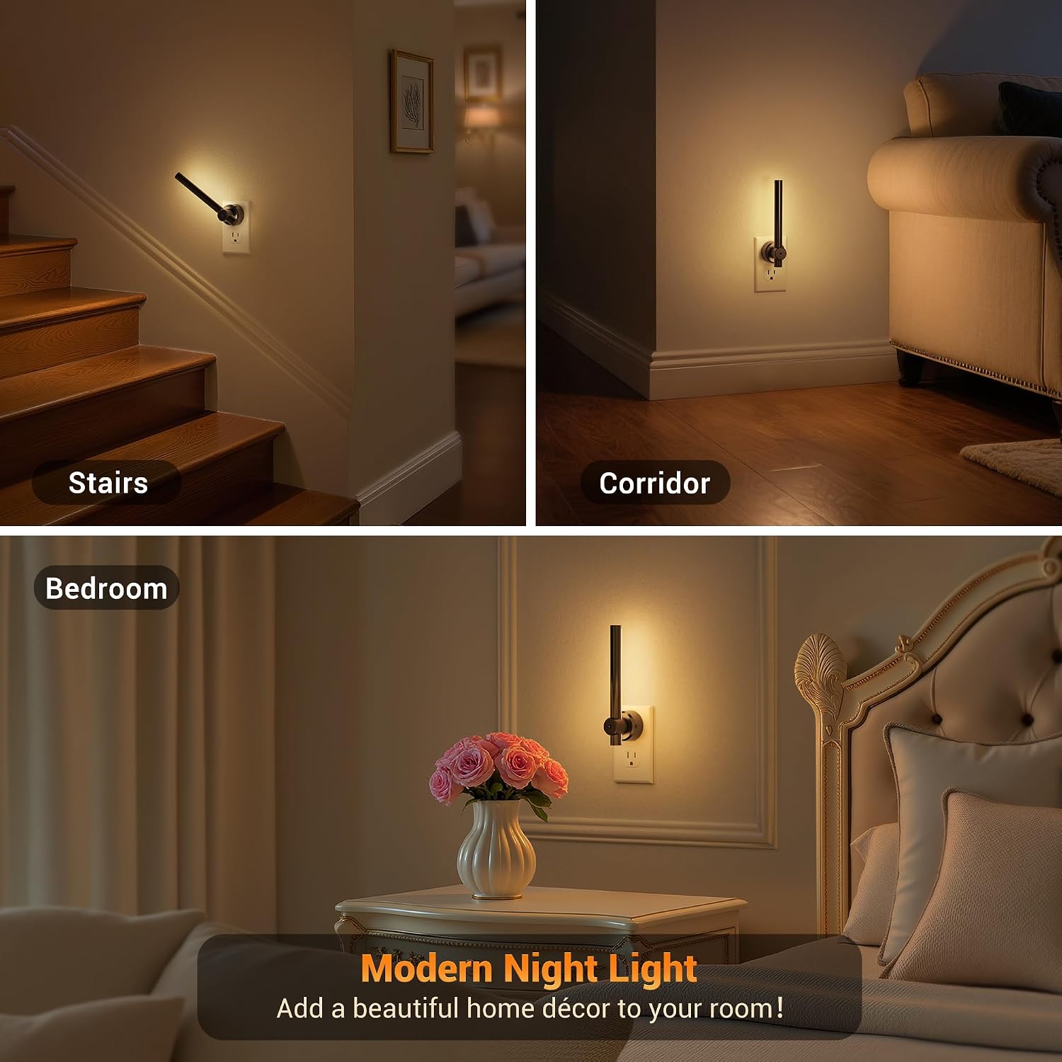 JandCase Night Light, Night Lights Plug into Wall with Dusk to Dawn Sensor, 330° Rotatable Plug, 0-100LM Dimmable Light Bar for Vanity Bedr…