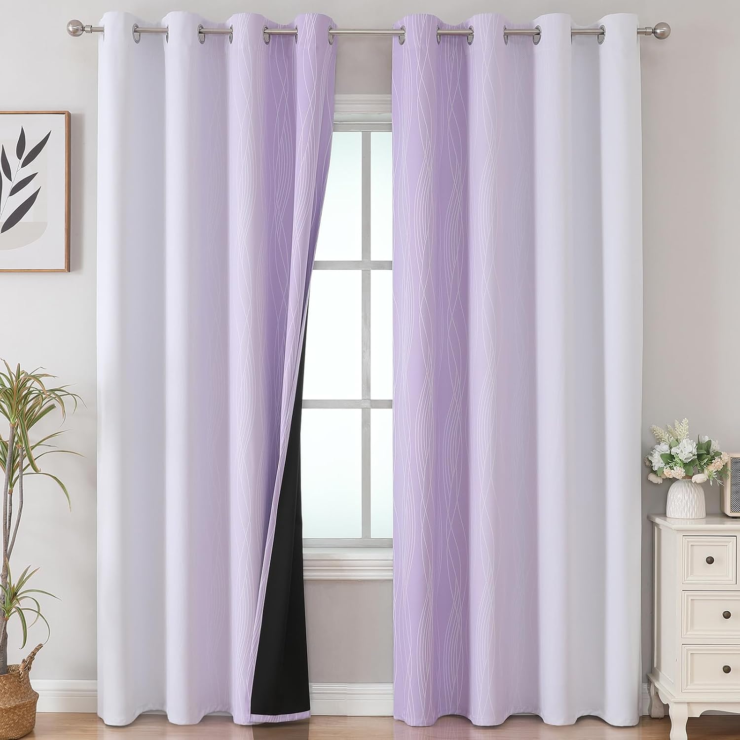Estelartextiler Estelar Textiler Lilac and Grayish White Blackout Curtains 108 Inches Long, Thermal Insulated Drapes for Bedroom, Full Ligh…