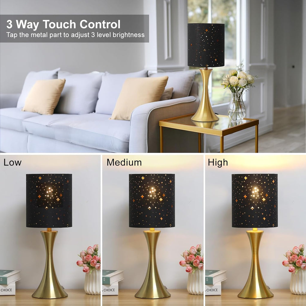 Touch Lamp for Bedroom, 3 Way Dimmable Gold Table Lamp with Black Starry Shade, Decorative Nightstand Lamp Ambient Beside Light for…