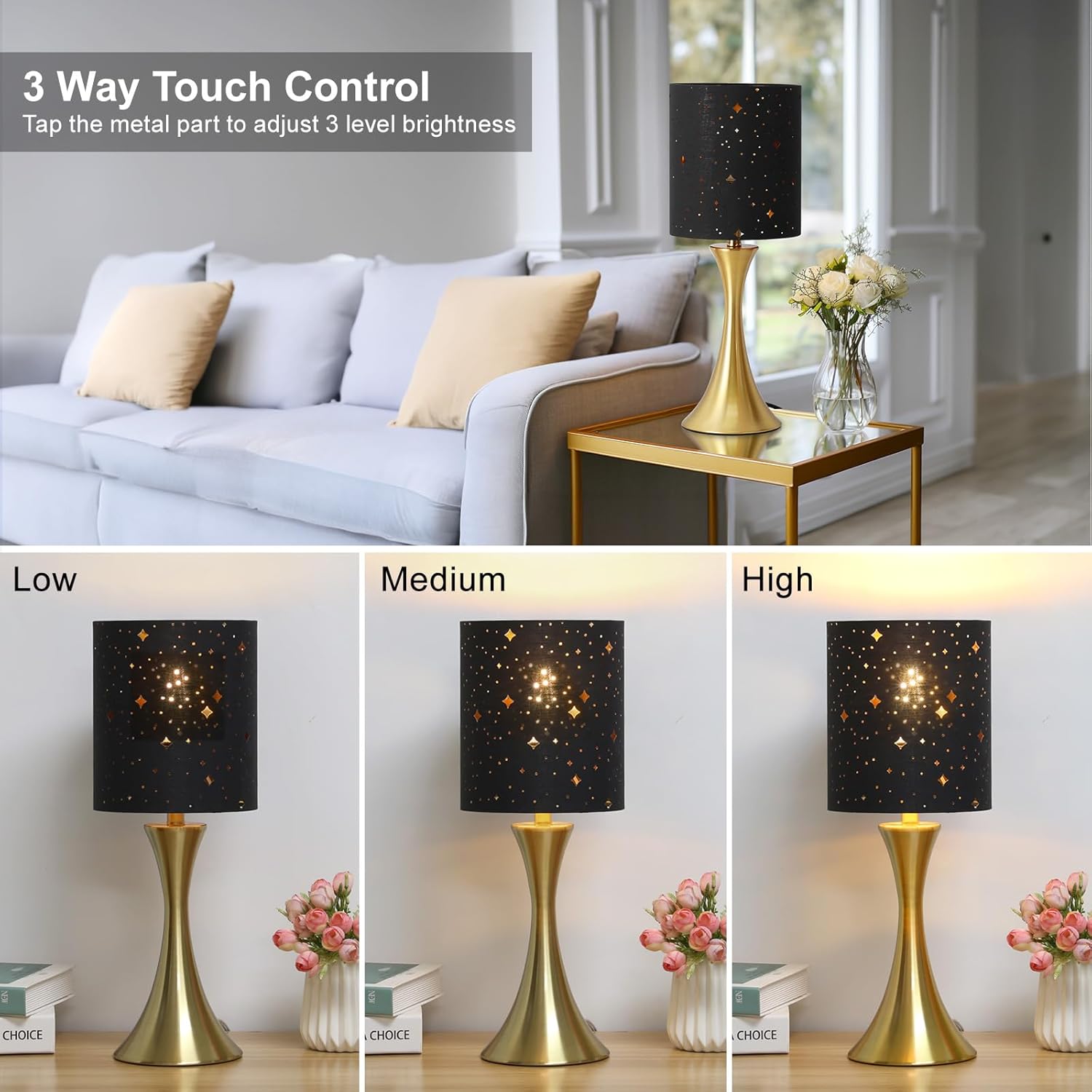 Touch Lamp for Bedroom, 3 Way Dimmable Gold Table Lamp with Black Starry Shade, Decorative Nightstand Lamp Ambient Beside Light for…