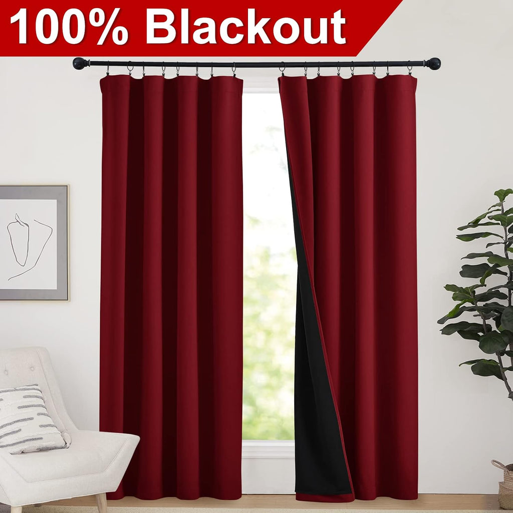 Nicetown 100% Blackout Curtains with Black Liner Backing, Thermal Insulated Panels for Living Room, Noise Reducing Drapes, Burgundy Red, 52…