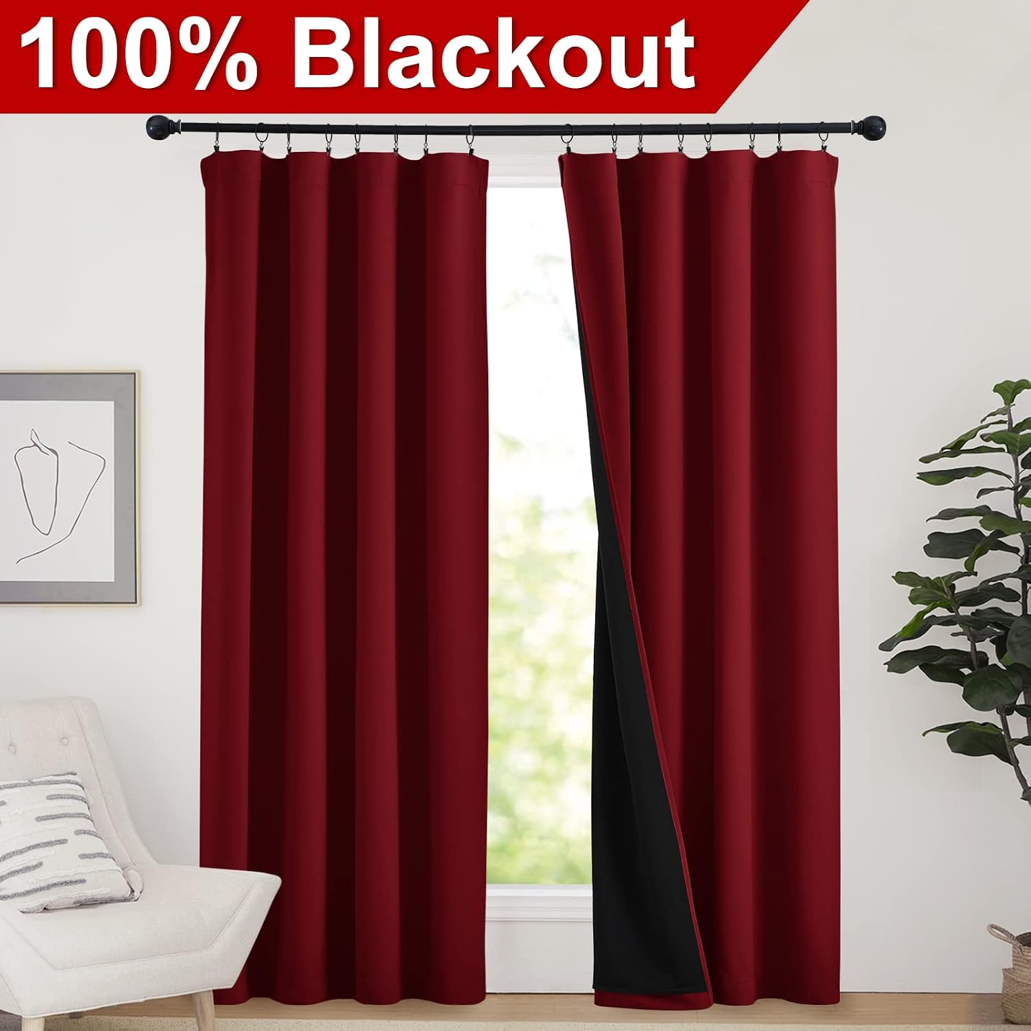 Nicetown 100% Blackout Curtains with Black Liner Backing, Thermal Insulated Panels for Living Room, Noise Reducing Drapes, Burgundy Red, 52…