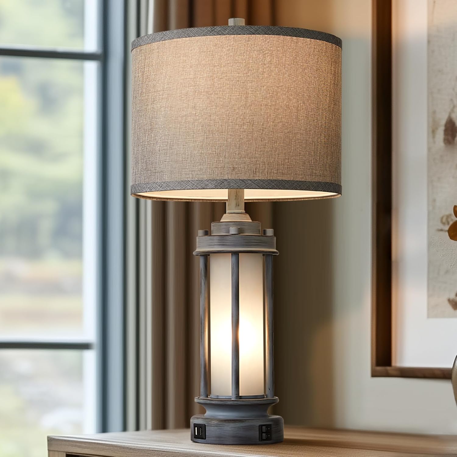 Aieampdo Rustic Table Lamp for Bedroom Living Room with 2 USB Ports, Farmhouse Vintage Nightstand Lamp 25'' with Light Green Glass Nightlig…