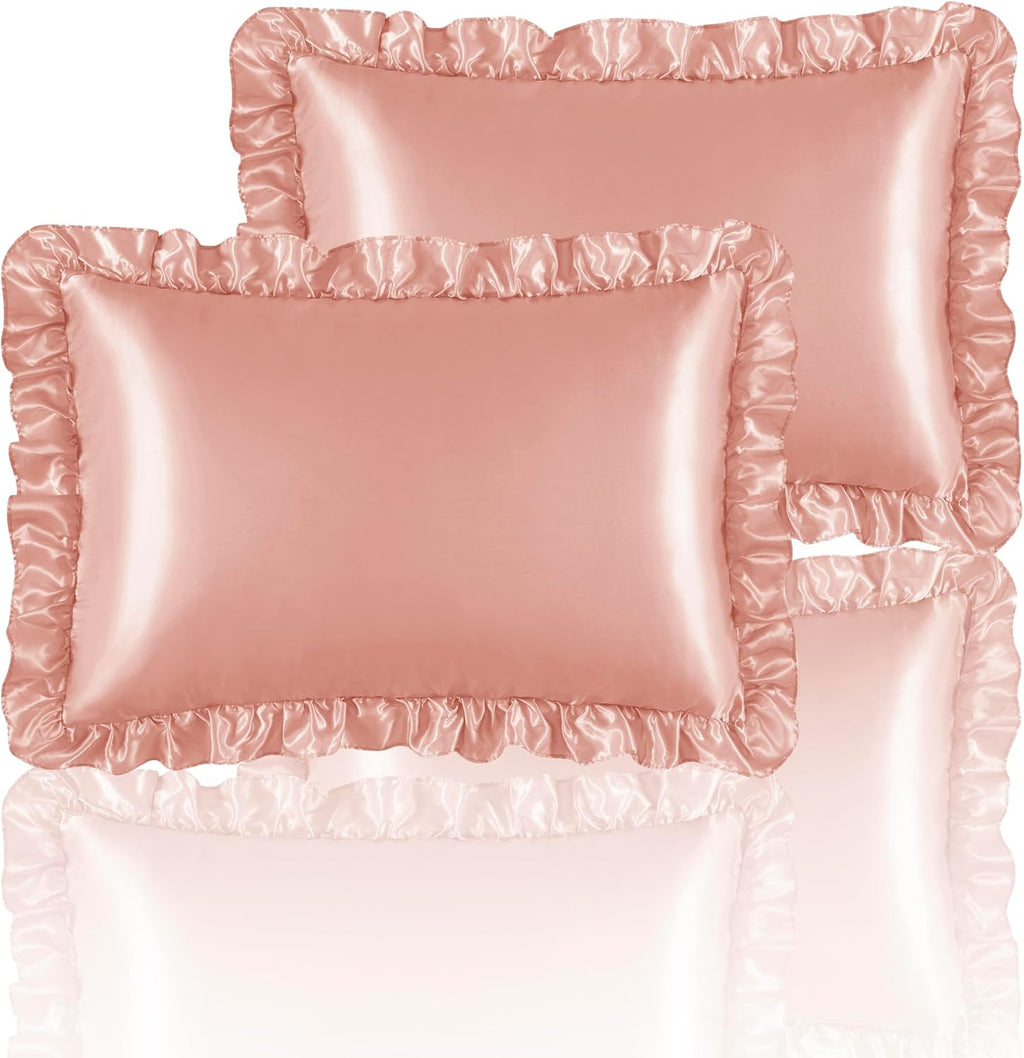 HommxJF Silky Satin Ruffled Pillow Cases for Hair and Skin, Rose Gold Silk Pillowcases Standard Set of 2 with Envelope Closure Princess Room…